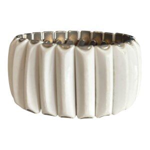 Vintage White Enamel Stretch Bracelet Silver Tone Link Design